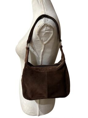 Vtg Wilsons Leather Brown Suede Shoulder Mini Bag Silver O Rings Zipper Closure